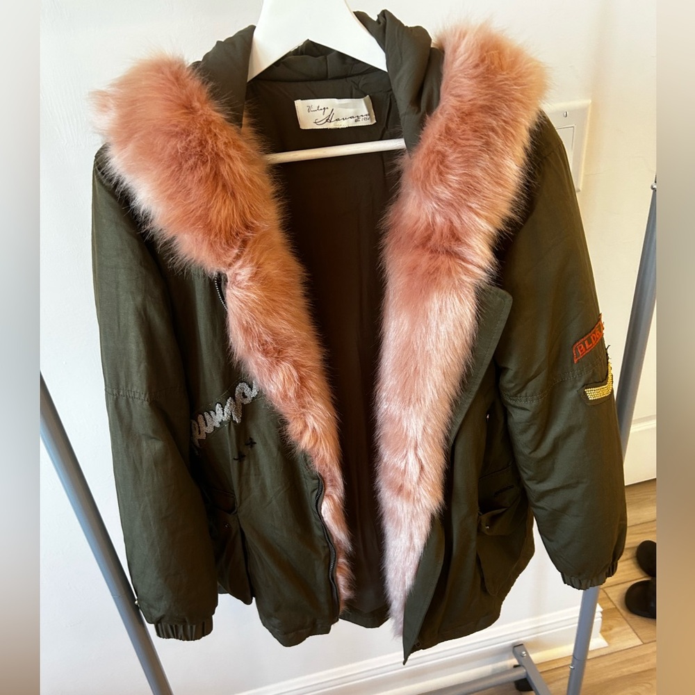 Vintage Havana Army Green Parka with Pink Faux Fur Trim